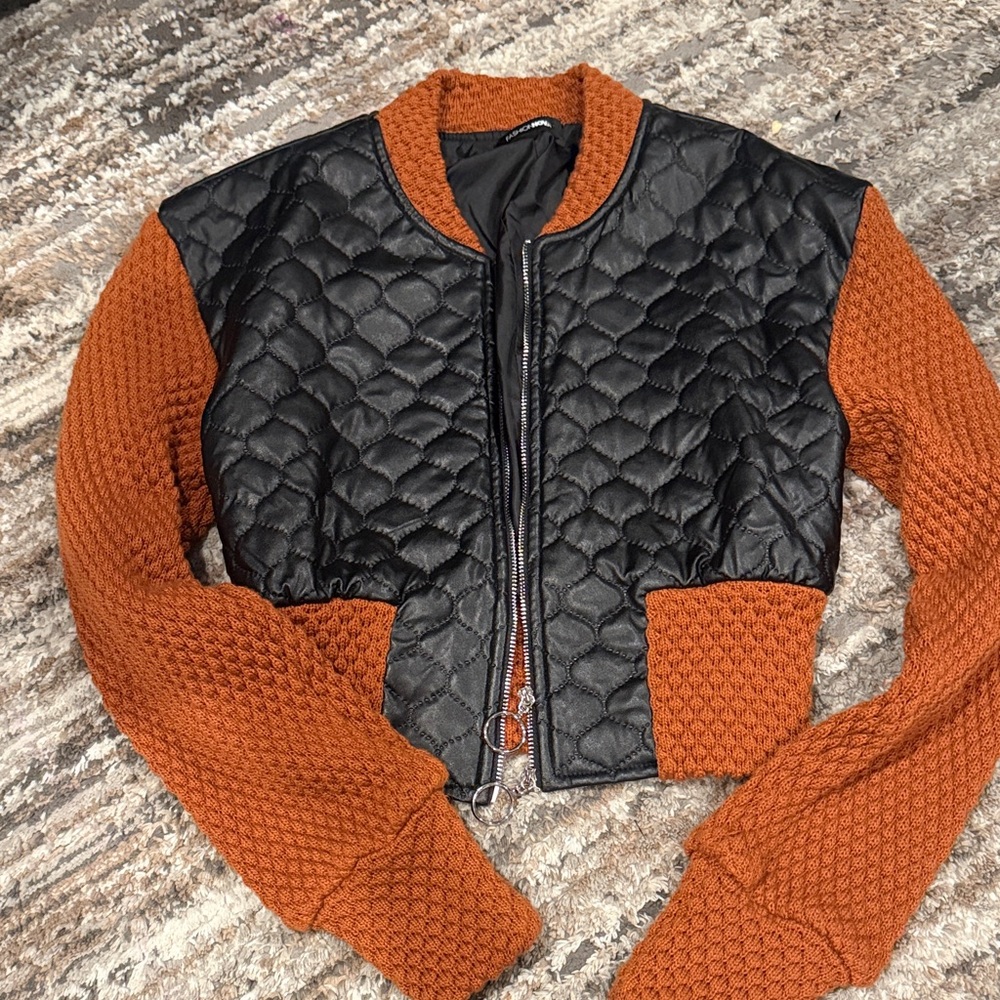 Fashion Nova Quilted Black and Textured Orange Bomber Jacket